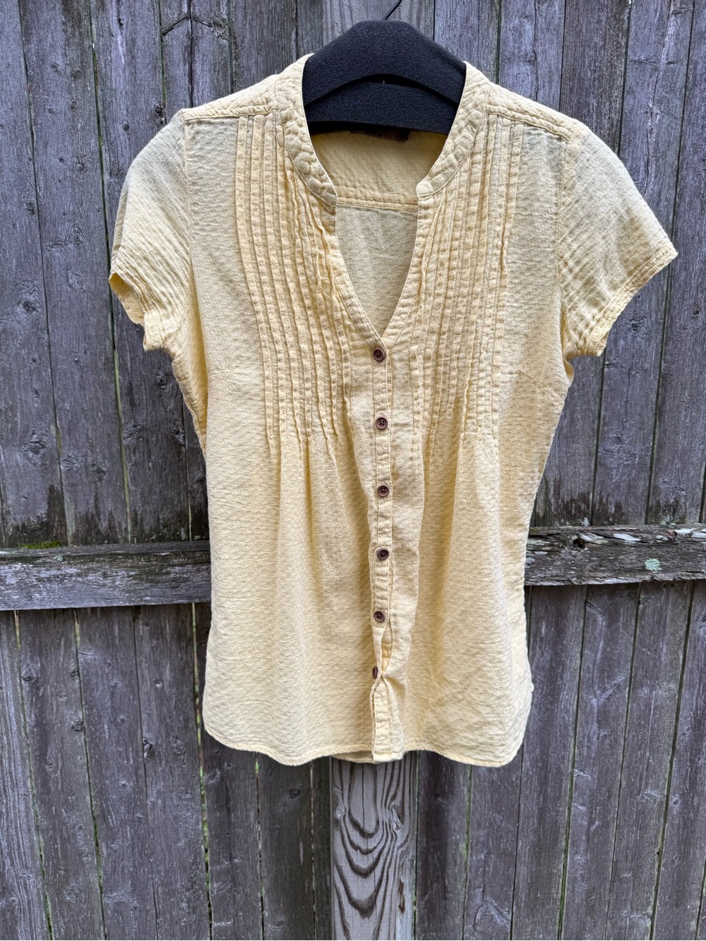 Prana Pale Yellow Pintuck Button-Down Short Sleeve Top